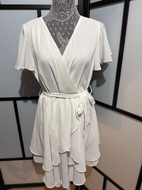 White V-Neck Wrap Mini Dress with Tie Waist